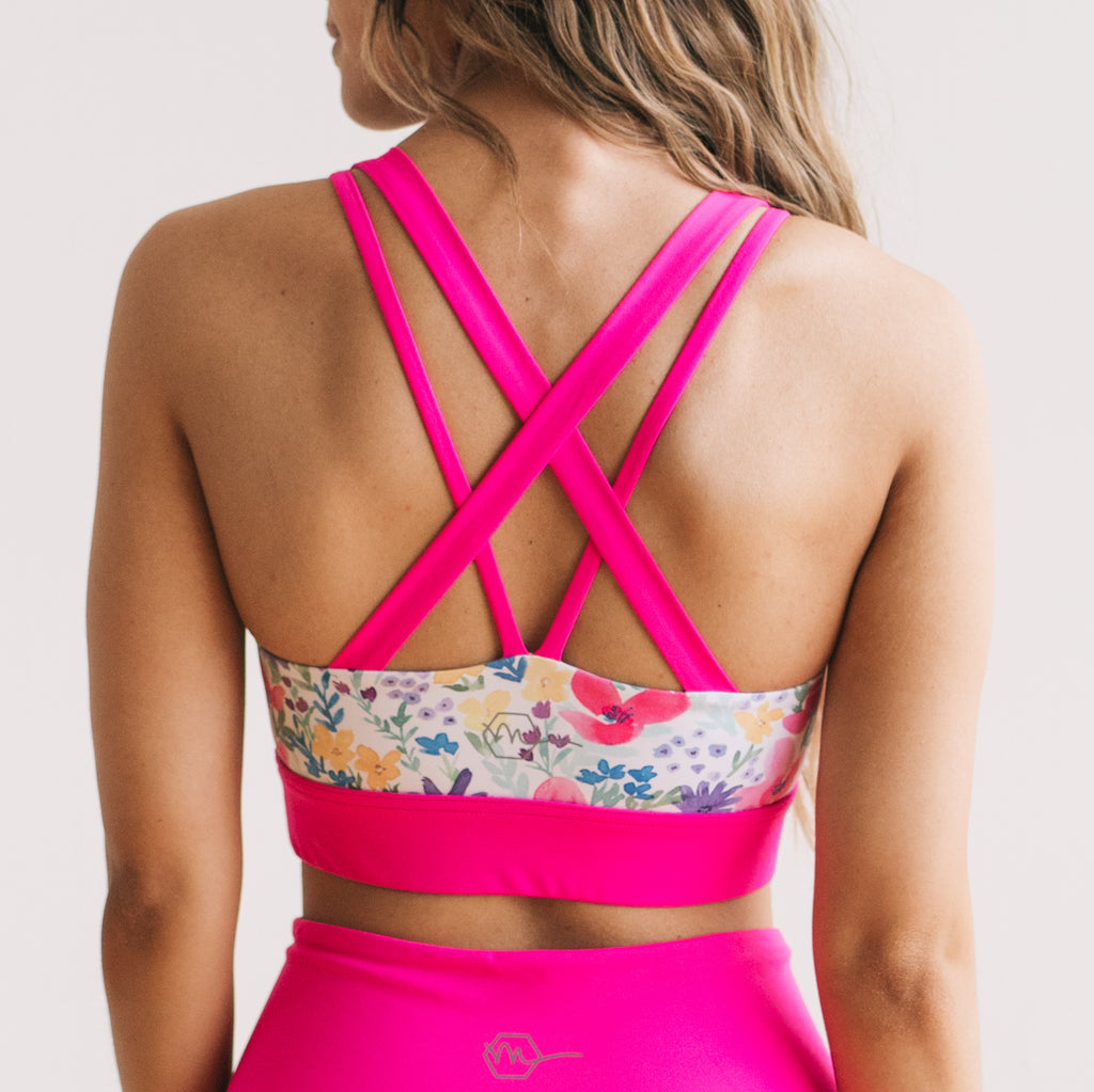Criss Cross Sports Bra - Hot Pink Floral | MT SPORT-Sports Bra-Maven Thread
